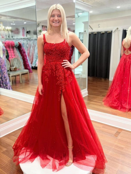 A Line Open Back Red Lace Long Prom Dress
