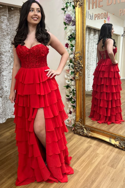 A Line Spaghetti Straps Layered Red Lace Long Prom Dress
