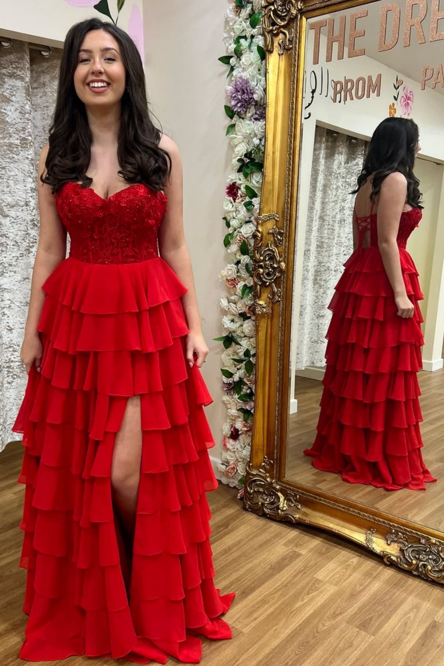 A Line Spaghetti Straps Layered Red Lace Long Prom Dress