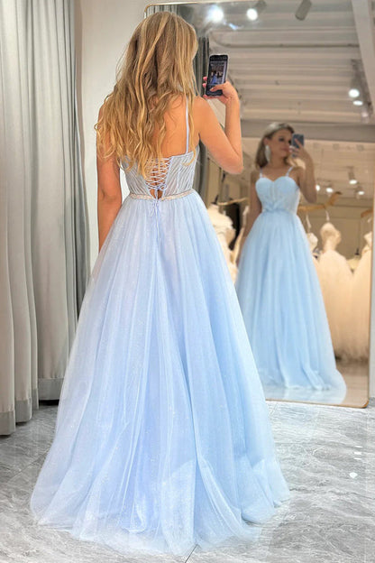 A Line Spaghetti Straps Tulle Blue Sparkly Prom Dress