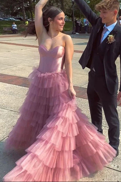 A Line Sweetheart Layered Tulle Rose Pink Long Prom Dress