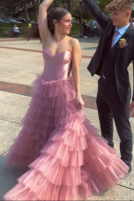 A Line Sweetheart Layered Tulle Rose Pink Long Prom Dress