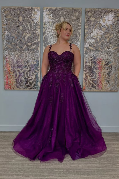 A Line Sweetheart Neck Purple Lace Long Prom Dress