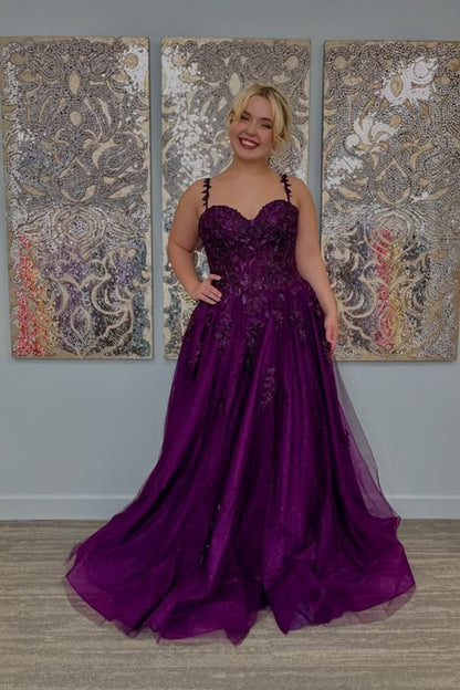 A Line Sweetheart Neck Purple Lace Long Prom Dress