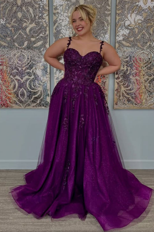 A Line Sweetheart Neck Purple Lace Long Prom Dress