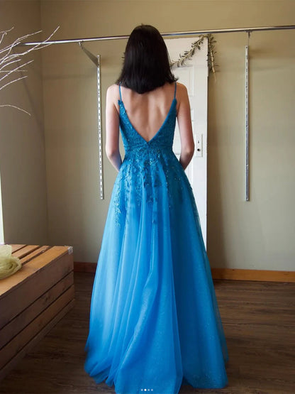 Deep V-Neck Spaghetti Straps Beaded Applique Tulle Pleated Floor-Length A-Line Prom Dress