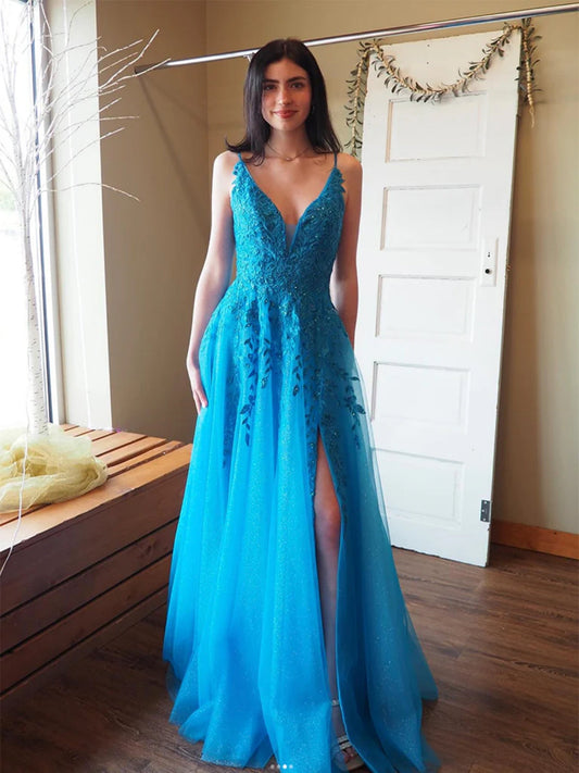 Deep V-Neck Spaghetti Straps Beaded Applique Tulle Pleated Floor-Length A-Line Prom Dress