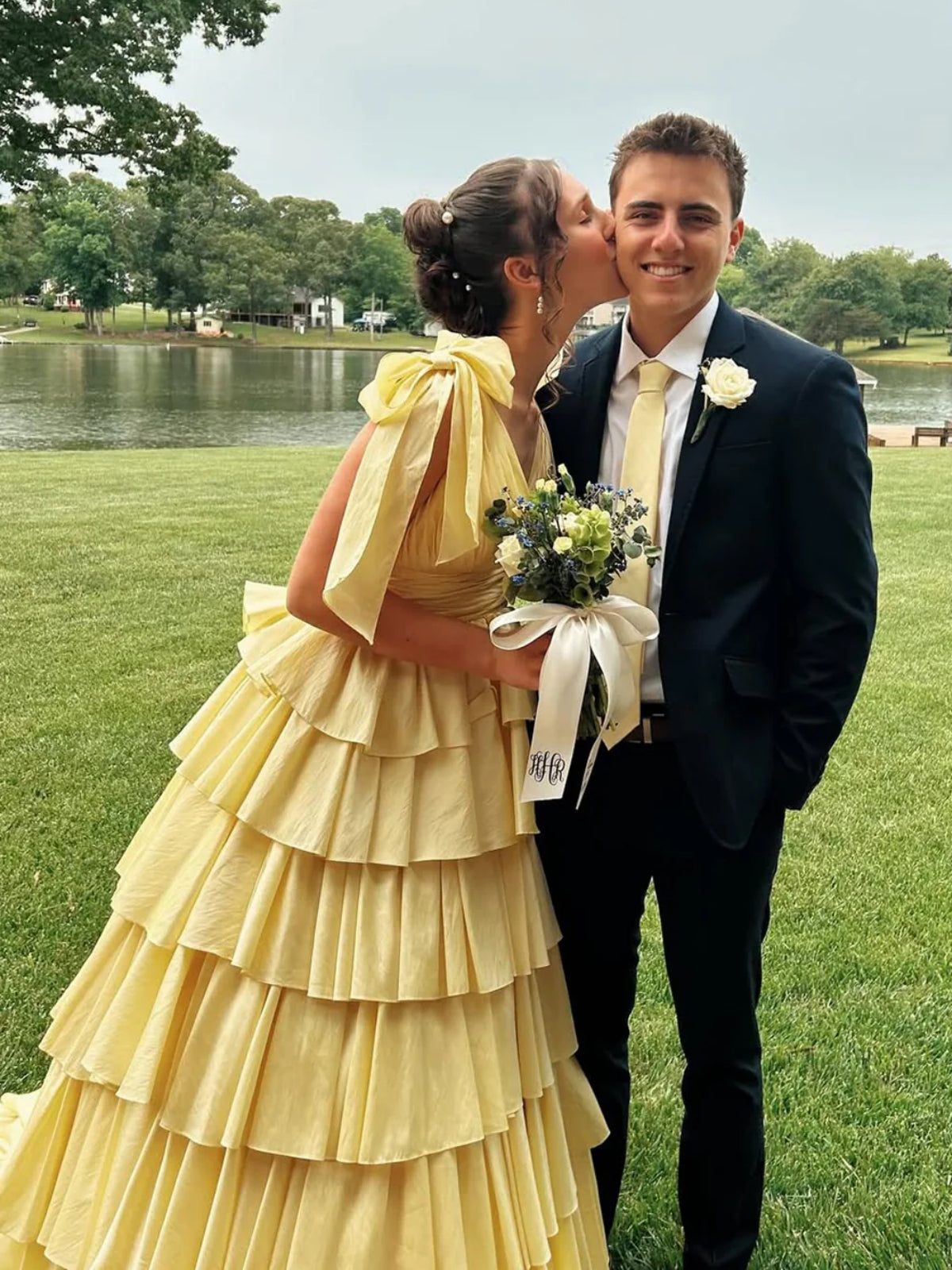 Deep V-Neck Bow-Straps Sleeveless Satin Pleated Tiered A-Line Prom Dress with Slit