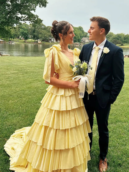 Deep V-Neck Bow-Straps Sleeveless Satin Pleated Tiered A-Line Prom Dress with Slit