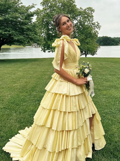 Deep V-Neck Bow-Straps Sleeveless Satin Pleated Tiered A-Line Prom Dress with Slit