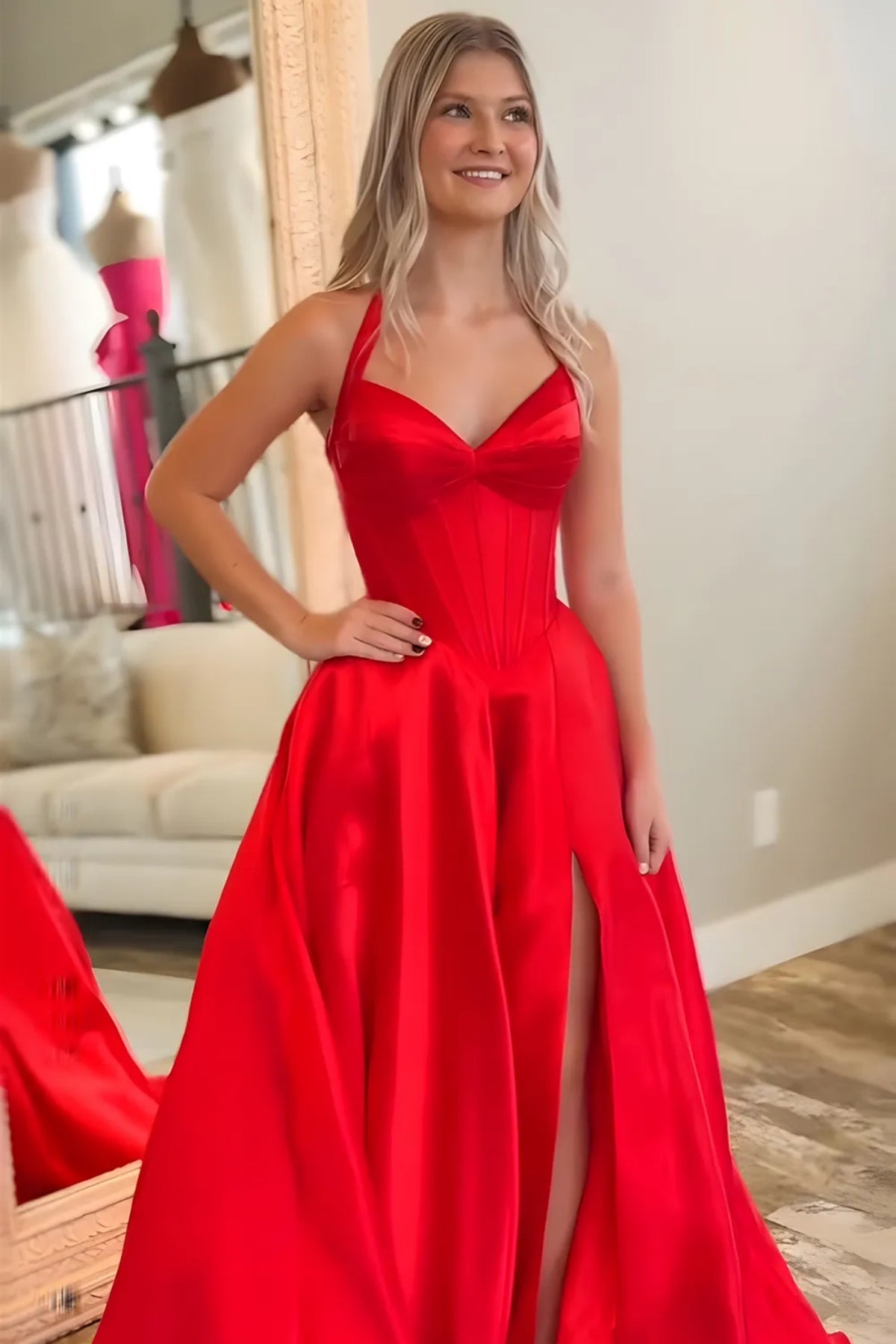 A Line V Neck Open Back Red Satin Long Prom Dress