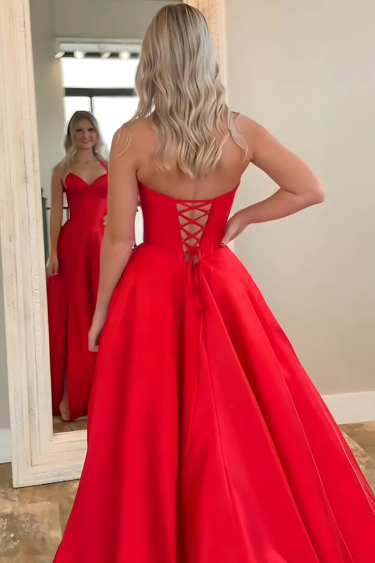 A Line V Neck Open Back Red Satin Long Prom Dress