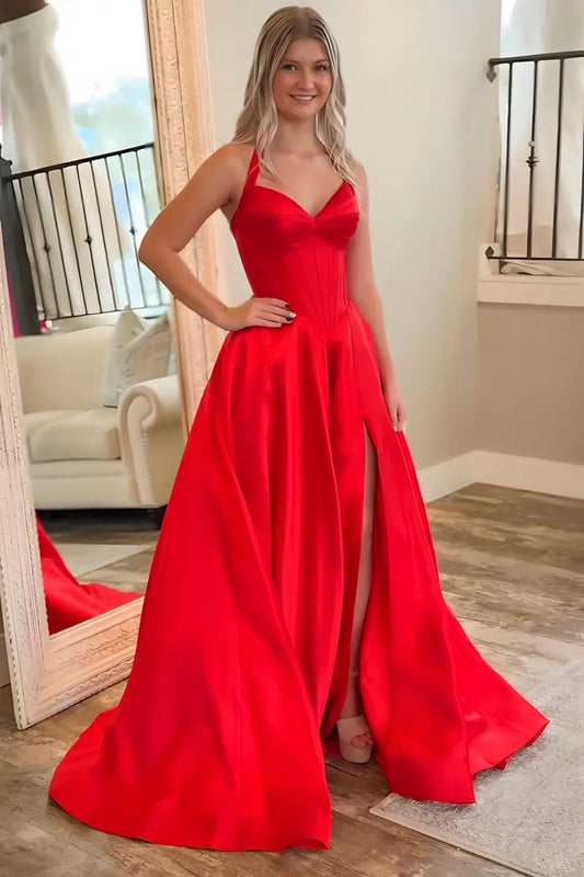 A Line V Neck Open Back Red Satin Long Prom Dress