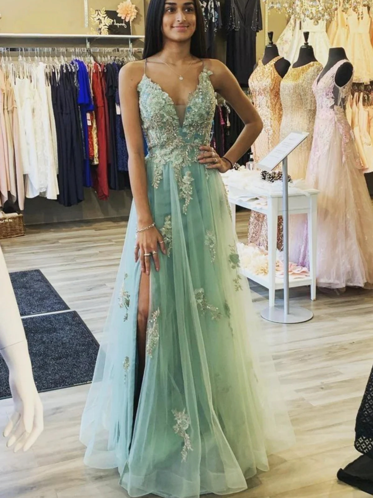 A Line V Neck Sage Tulle Lace Long Prom Dress