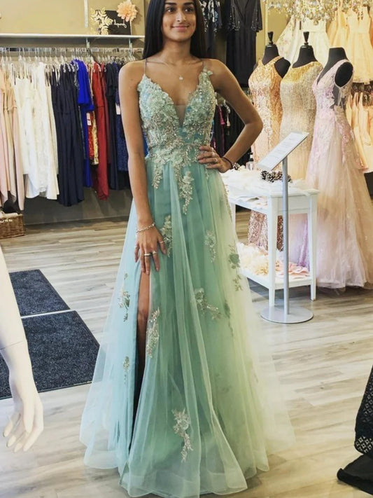 A Line V Neck Sage Tulle Lace Long Prom Dress