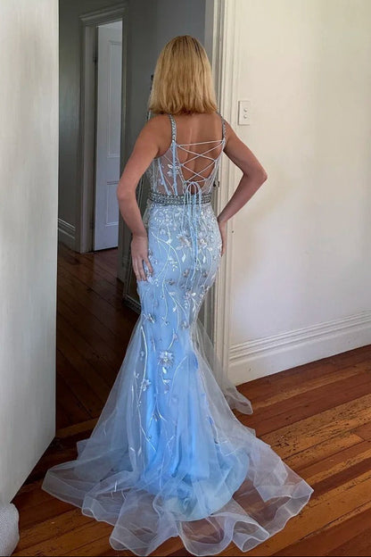 Elegant Spaghetti Strap Light Sky Blue Tulle Corset BackProm Dress