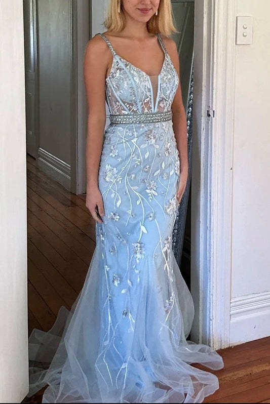 Elegant Spaghetti Strap Light Sky Blue Tulle Corset BackProm Dress