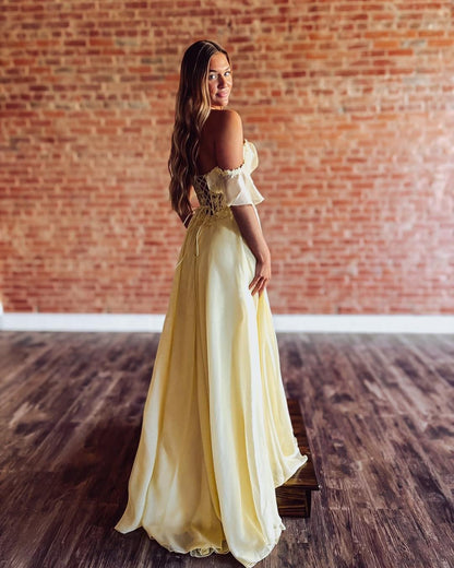 A Line Chiffon Long Prom Dresses Lace Appliqued Party Gowns