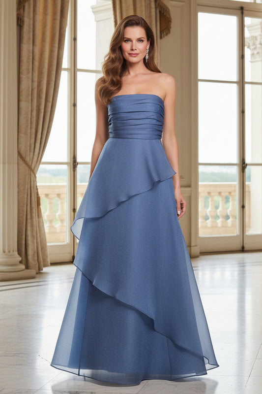 Strapless Ruched Bodice Tiered Ruffle Maxi Gown