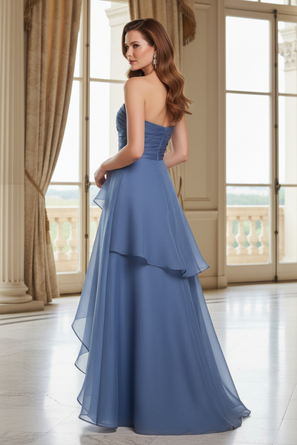 Strapless Ruched Bodice Tiered Ruffle Maxi Gown