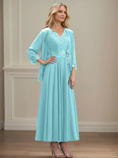 A-line V-Neck Ankle-Length Chiffon Mother of the Bride Dress