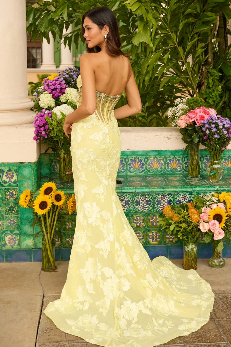Yellow Ruched Beaded Sleevless Flowers Floral Print Mermaid Side Slit Prom Dress