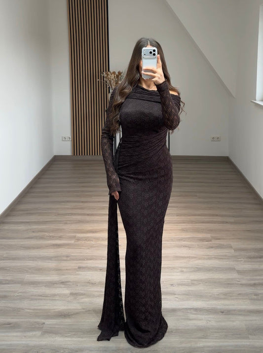 Long Sleeves Scoop Ruched Evening Party Dress with Detachable Train