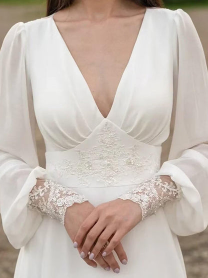 Long Sleeves Wedding Dresses V Neck Backless Bridal Dress