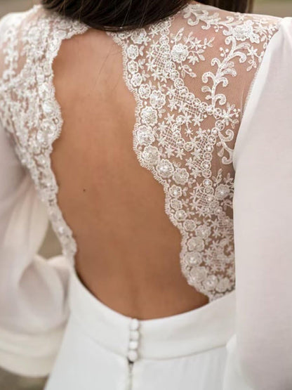 Long Sleeves Wedding Dresses V Neck Backless Bridal Dress