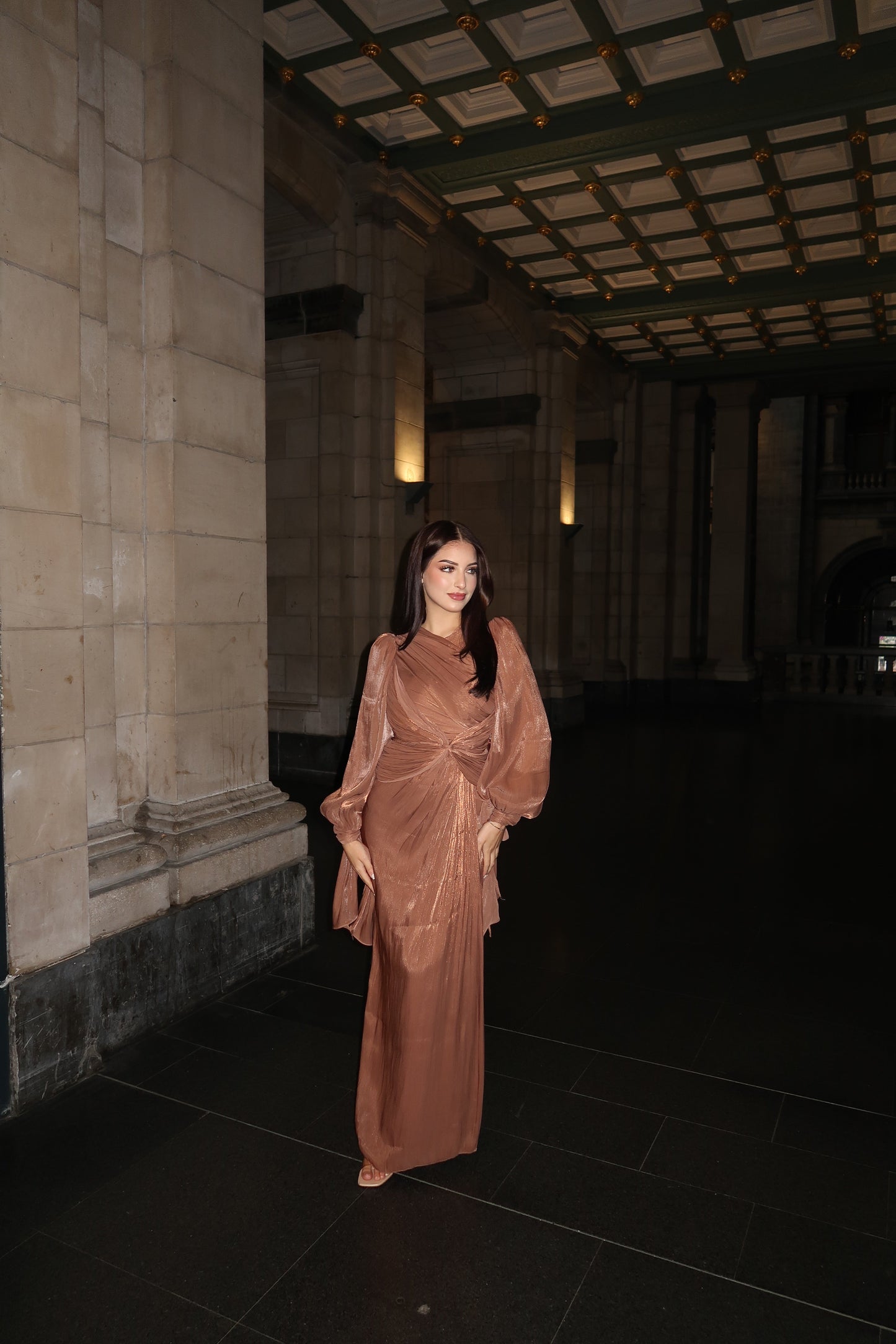 Brown Long Sleeves Ruched Sheath Ankle Length Evening Formal Dress