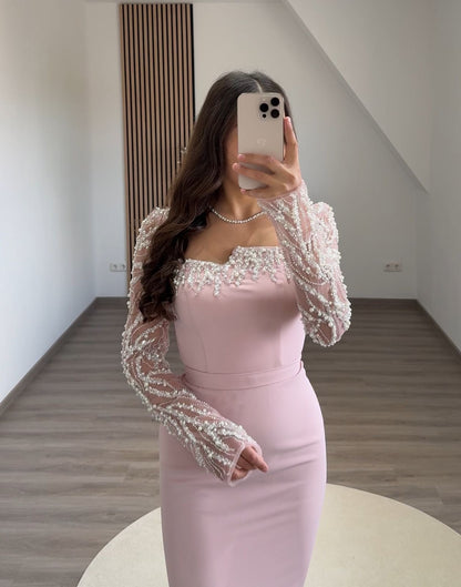 Long Sleeves Sweetheart Ruched Evening Dress