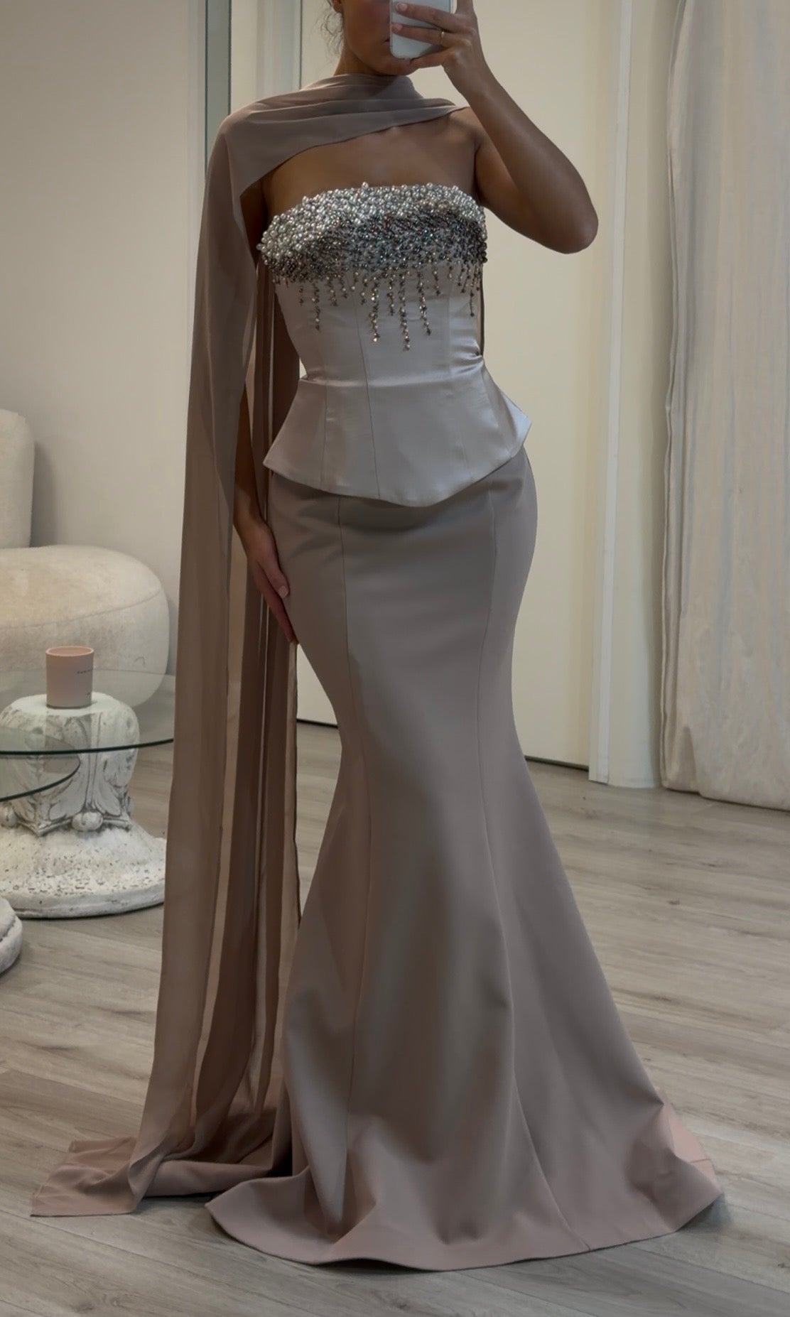 Sleeveless Satin Mermaid Gown with Cape