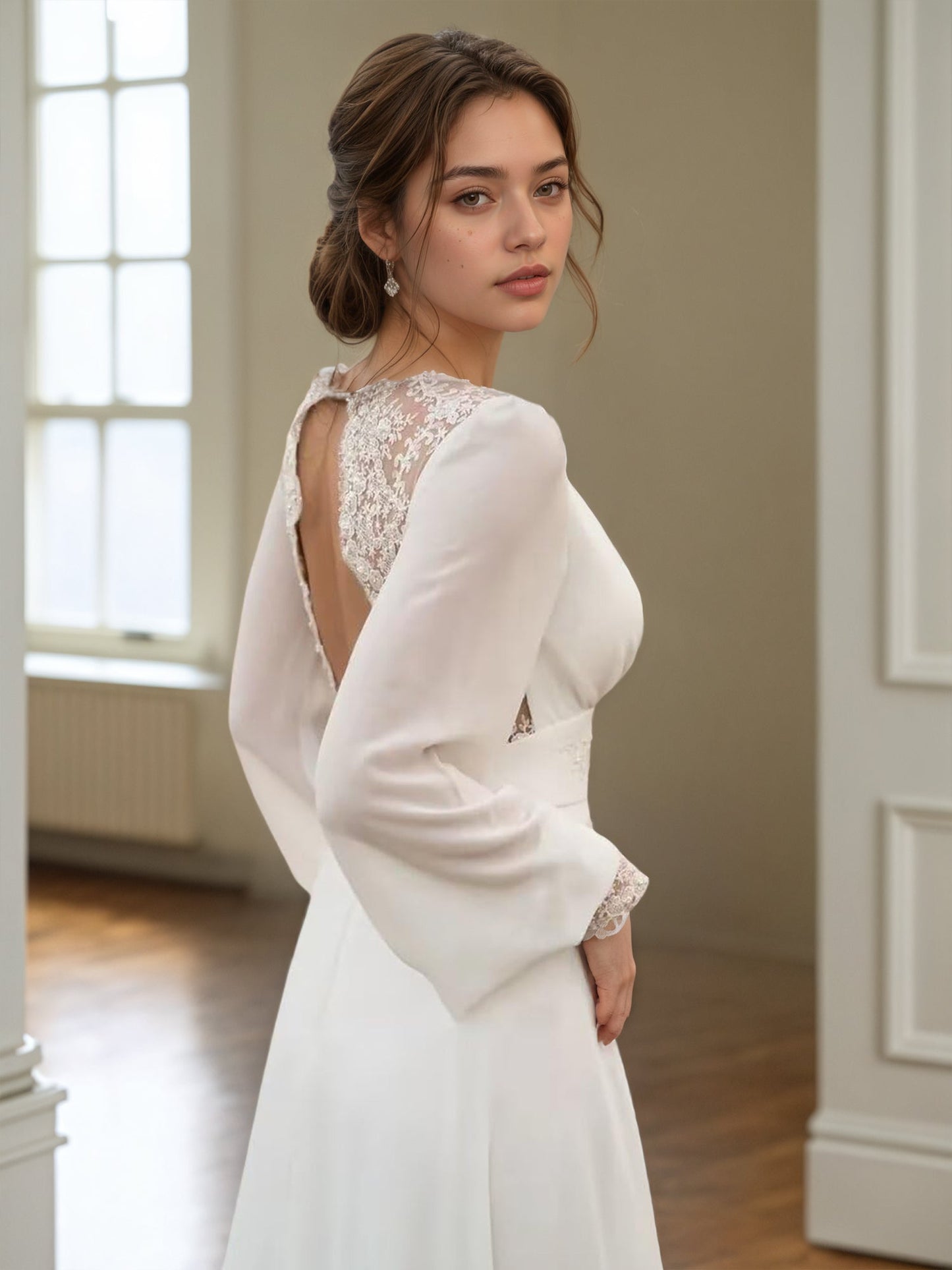Long Sleeves Wedding Dresses V Neck Backless Bridal Dress
