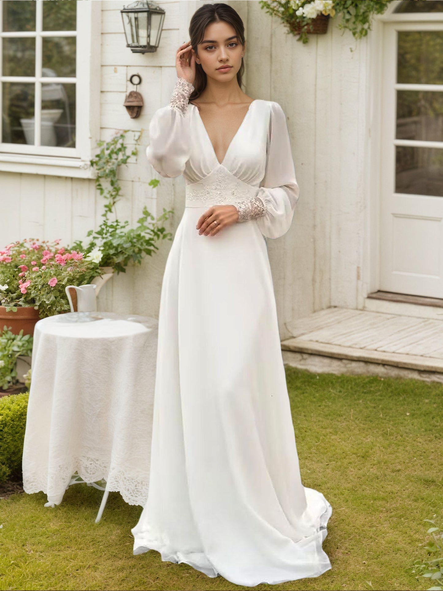 Long Sleeves Wedding Dresses V Neck Backless Bridal Dress