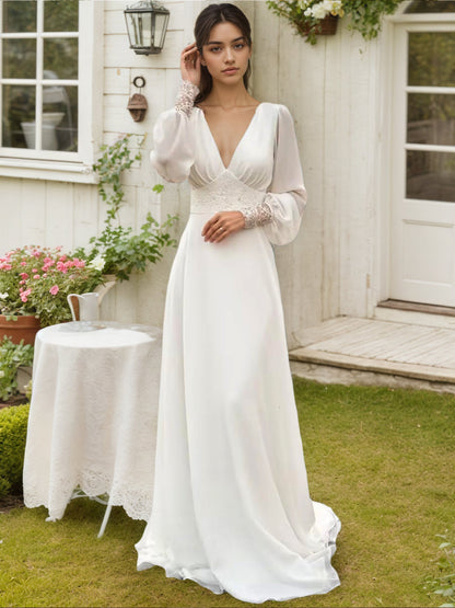 Long Sleeves Wedding Dresses V Neck Backless Bridal Dress