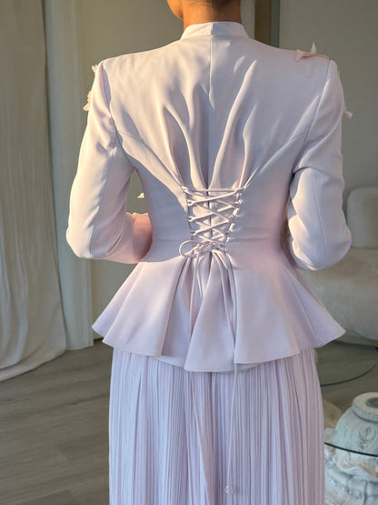 Pink Two-Piece Butterfly Long Sleeves Drapey Long Evening Formal Dress
