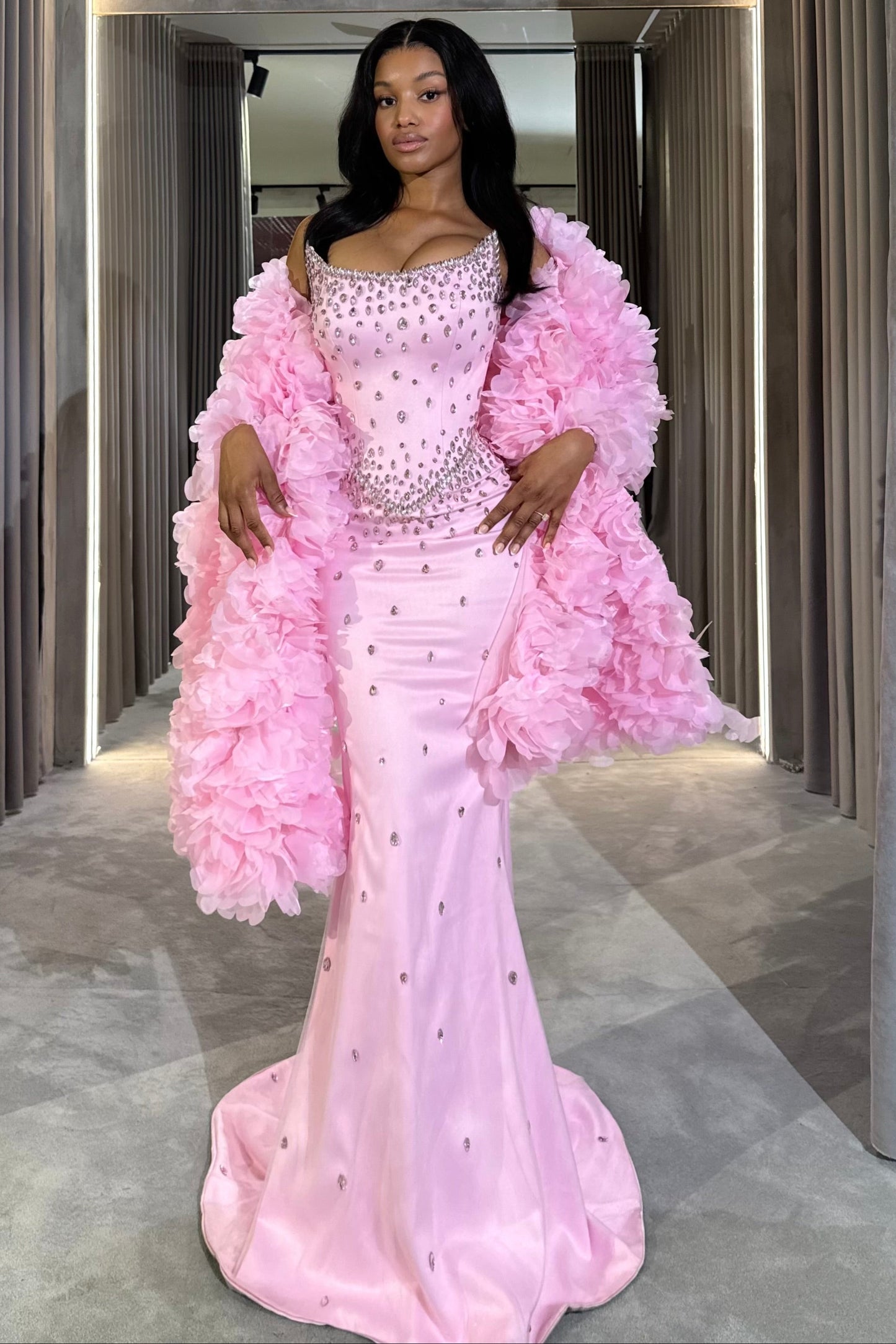 Fitted Pink Dress with Sparkling Crystal