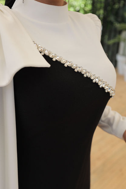 Black-White High Neck Long Sleeves Beaded Bowknot Sheath Evening Formal Dress