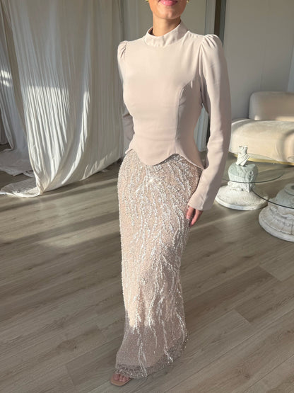 Beige Sheath Long Sleeves Beaded High Neck Formal Gown