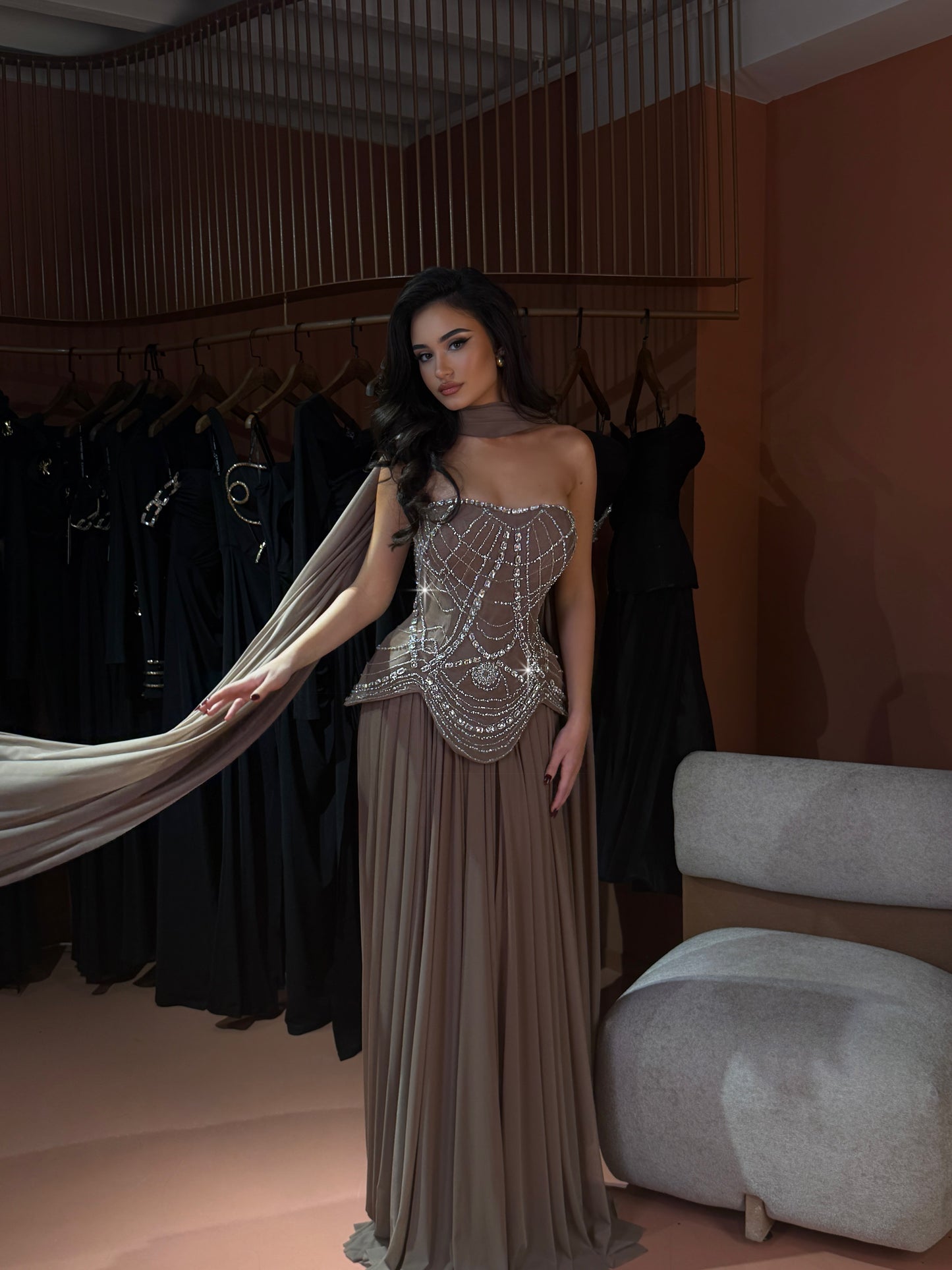 Crystal Corset Gown with Taupe Pleated Skirt