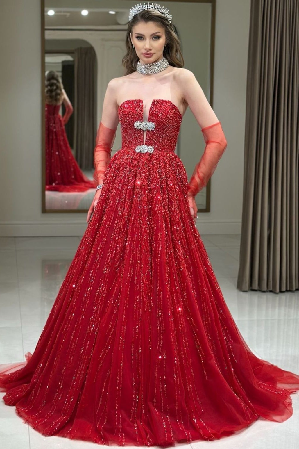 Sleeveless Fully Sequined Beaded Tulle Pleated A-Line Prom Dress