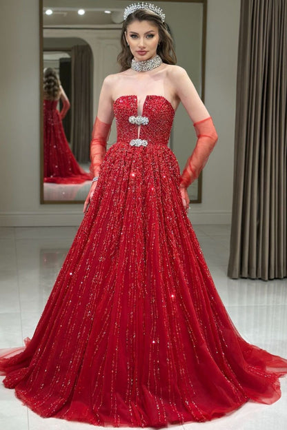 Sleeveless Fully Sequined Beaded Tulle Pleated A-Line Prom Dress