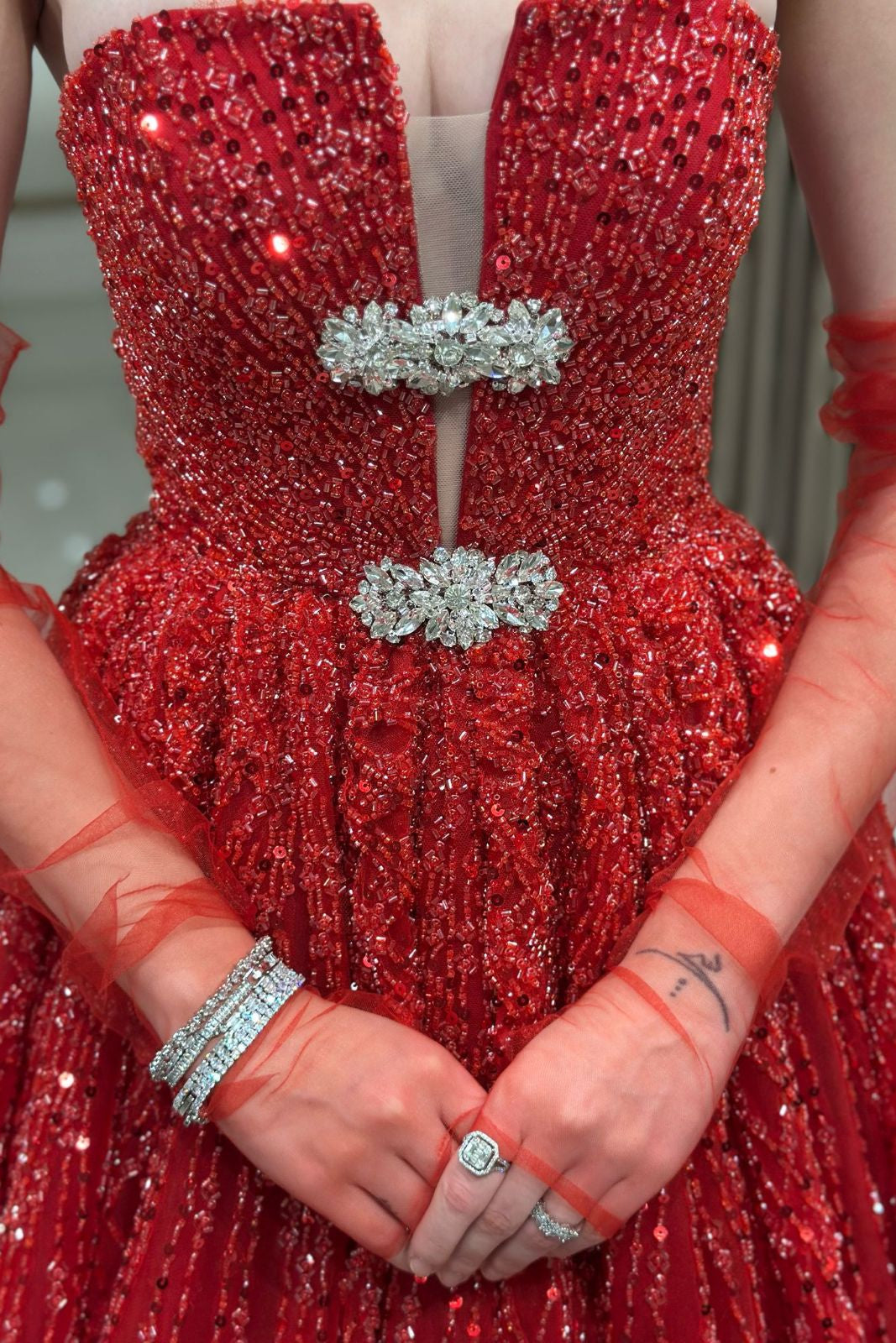 Sleeveless Fully Sequined Beaded Tulle Pleated A-Line Prom Dress