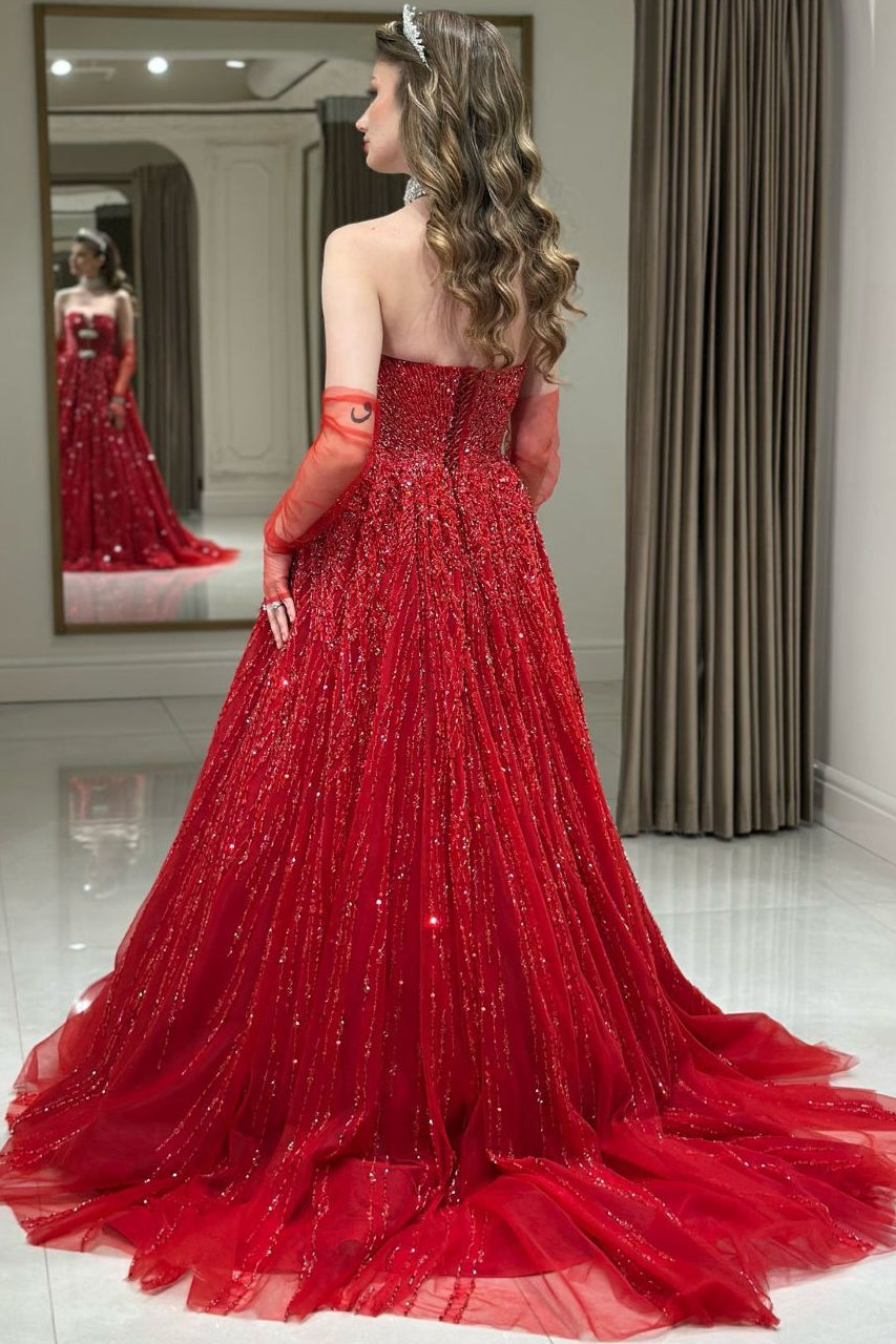 Sleeveless Fully Sequined Beaded Tulle Pleated A-Line Prom Dress