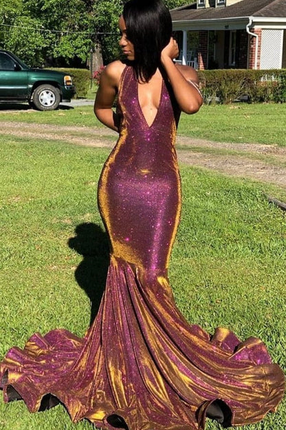 New Arrival V-Neck Halter Sequins Mermaid Sexy Party Dress