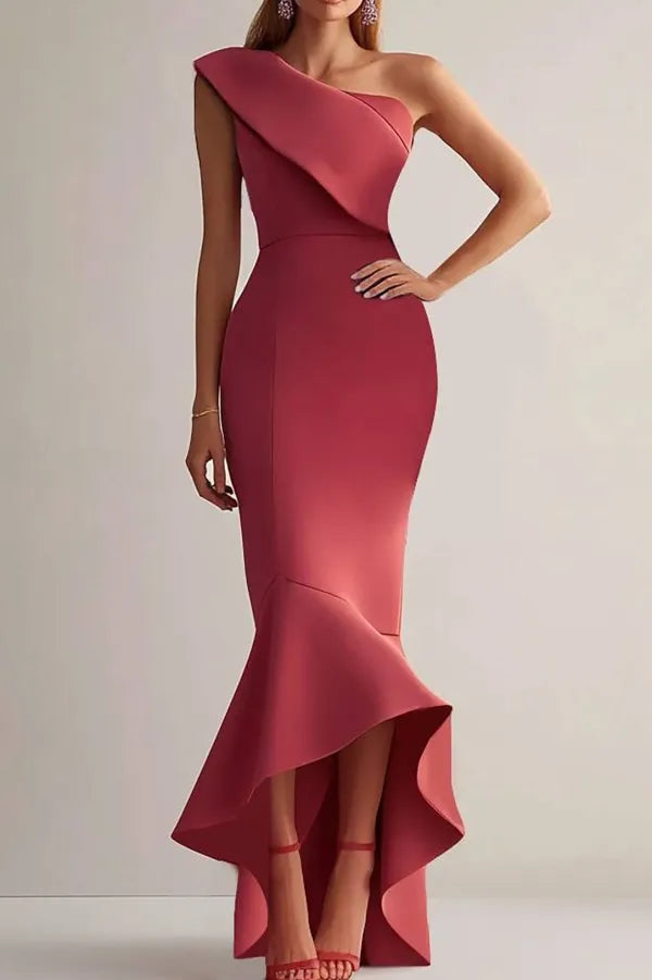 Party Semi-Formal Dress Red One-Shoulder Ruffle Mermaid Bodycon Midi Dress