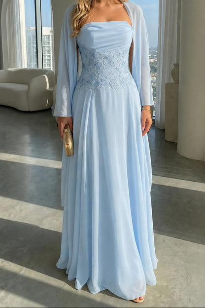 Strapless Floral Applique Corset Gown with Shawl