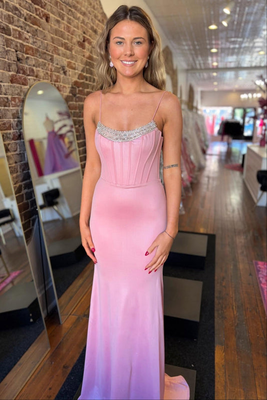 Backless Mermaid Pink Satin Long Prom Dress with Sequins