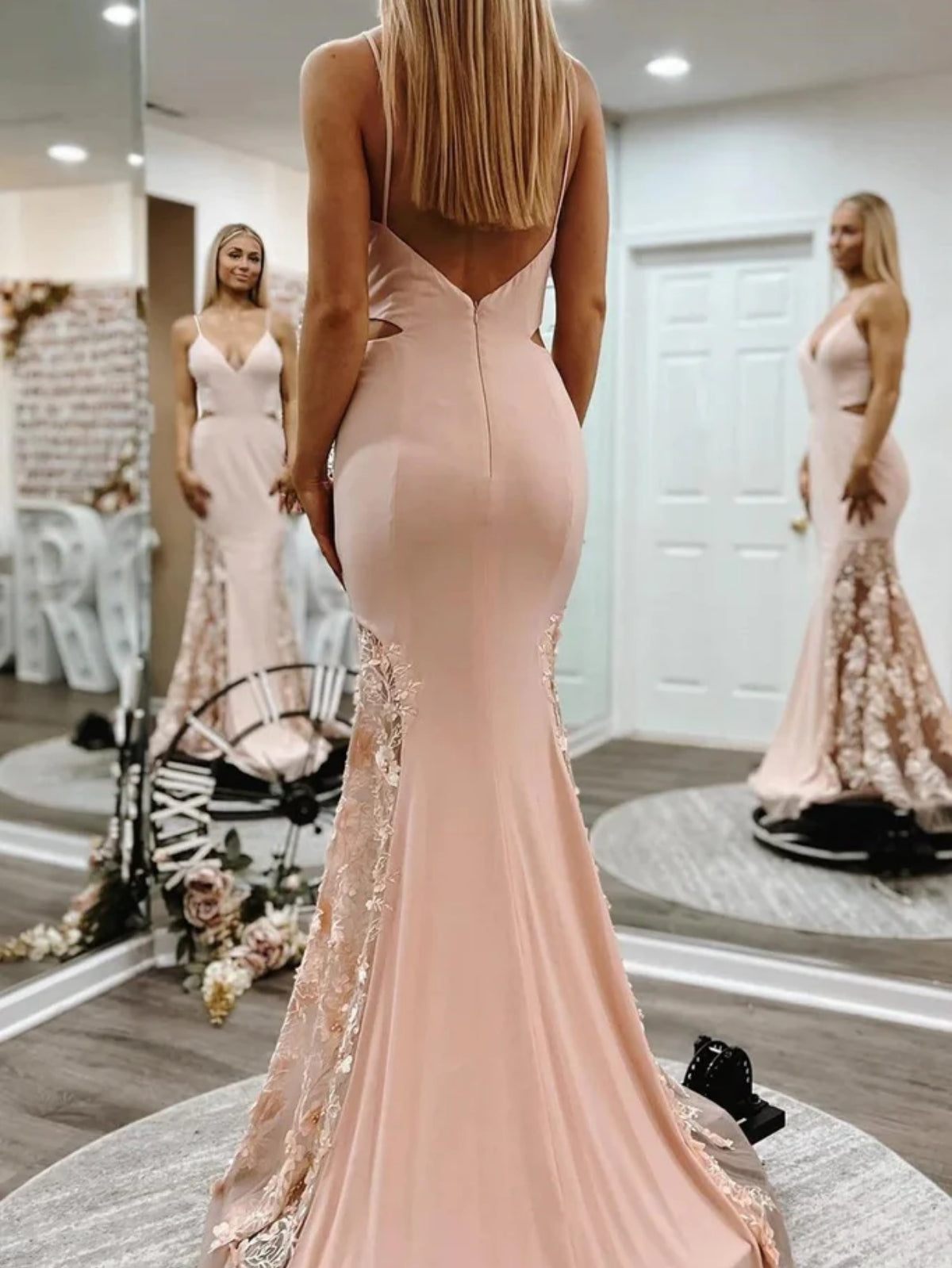 Backless V Neck Mermaid Dusty Pink Floral Long Prom Dress