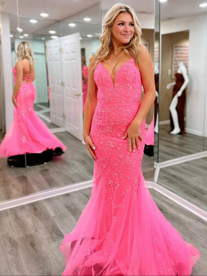 Backless V Neck Mermaid Pink Lace Long Prom Dress
